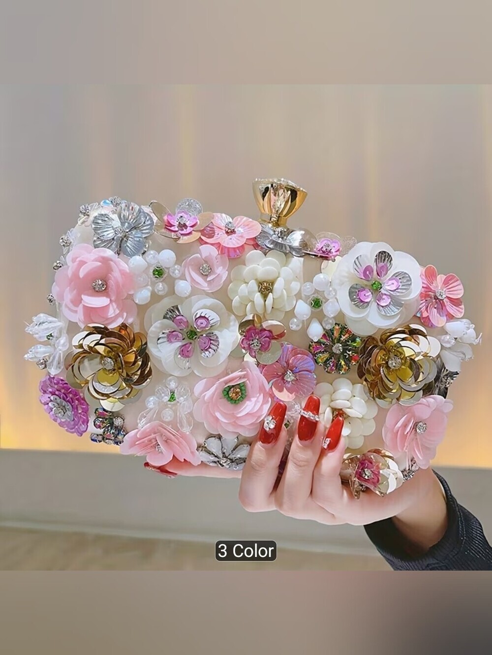 Embellished Floral Clutch Bag in Pink & White